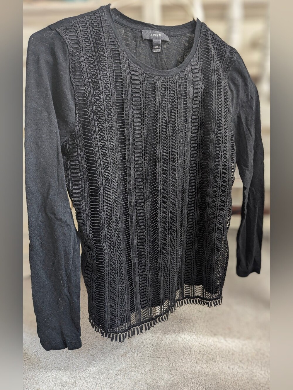 J.Crew long-sleeve black top featuring vertical crochet lace panel details (XS)